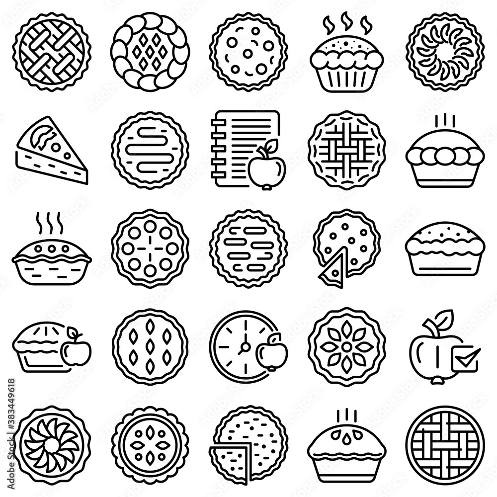 Poster apple pie icons set. outline set of apple pie vector icons for web design isolated on white backgrou