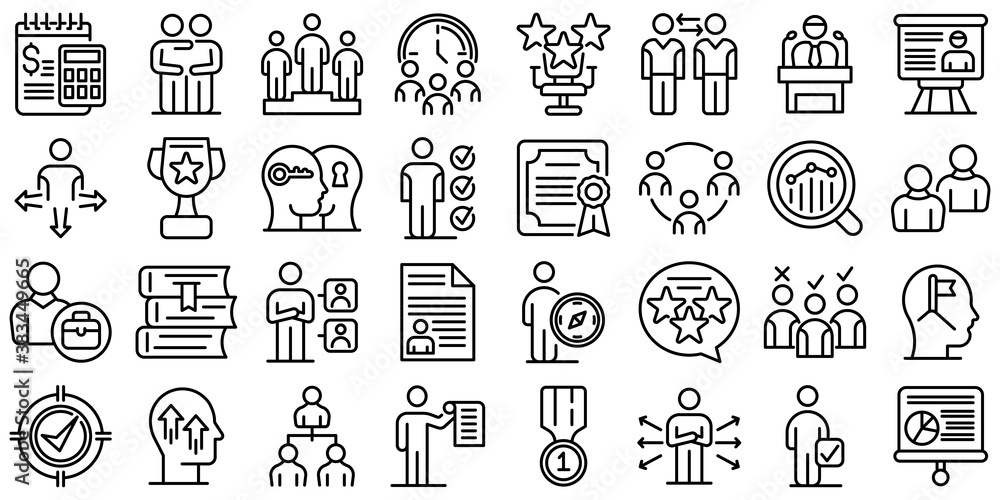 Aufkleber mentor icons set. outline set of mentor vector icons for web design isolated on white background