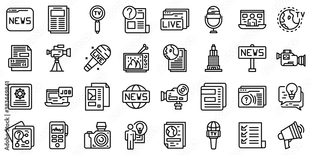 Poster reportage icons set. outline set of reportage vector icons for web design isolated on white backgrou