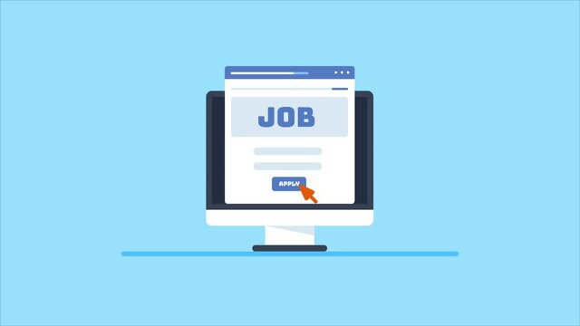 Applying for job online, searching career, employment on internet. Job success, getting new job opportunity, job application approved.  Business hiring and recruitment online concept. 2d animation.