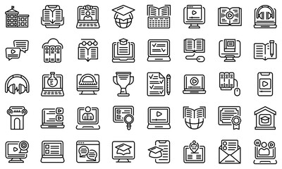 Distance education icons set. Outline set of distance education vector icons for web design isolated on white background
