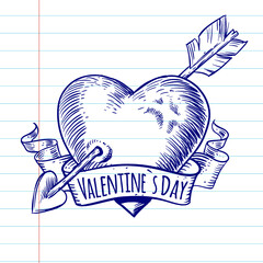 Heart Happy Valentines Day sign. Heart pierce arrow doodle sketch style, design for greeting card, isolated vector illustration. Design for web, stickers, logo and mobile app.