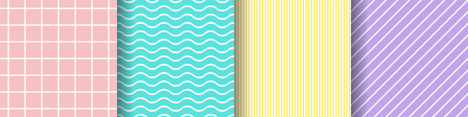 Set of striped neutral patterns. Delicate pastel yellow, pink, blue, lilac backgrounds with white stripes. Light bubble gum waves, cells, diagonal, vertical lines. Collection of vector illustration