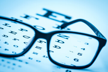 Modern reading glasses on a eye sight test chart