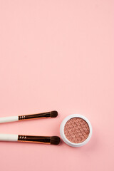 eyeshadow makeup brushes collection professional cosmetics accessories on pink background