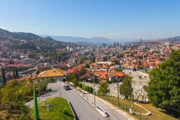 Fototapeta na wymiar Panoramic view of the city of Sarajevo from the top of the hill. Bosnia and Herzegovina