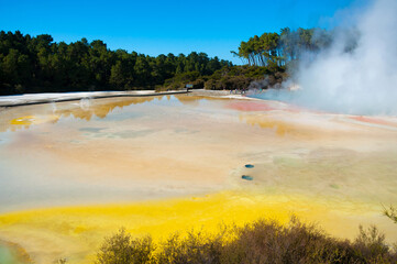 Vibrant colorful landscape of geothermal Artist's palette lake, Wai-O-Tapu thermal wonder park, North island of New Zealand