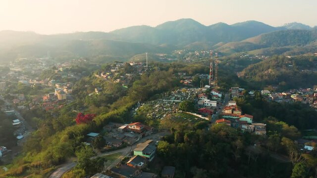 Aerial view of cemetery atop a hill in Mendes, Brazil. Drone shot.