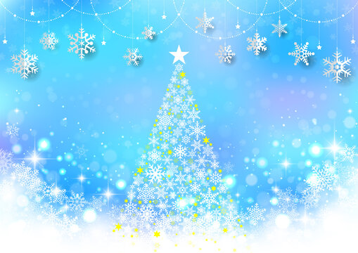 キラキラ☆クリスマスツリーと雪の結晶オーナメントのシンプルな風景 水色