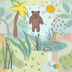 Cute Seamless Pattern with funny bear and fish pond. Unique Childish Design.