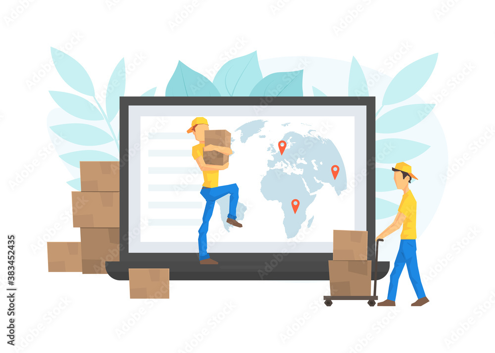 Sticker male workers delivering parcel boxes through computer screen, worldwide delivery service, e-commerce