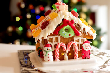 Homemade gingerbread house decorated with icing, sweets , figurines, lollies and candy canes with...
