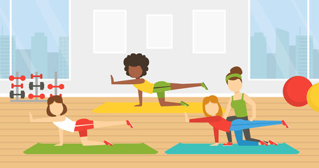 Group of Young Women Doing Fitness in Gym, Active Healthy Lifestyle, Indoor Sports Concept Vector Illustration