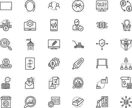 business vector icon set such as: buying, speaker, creativity, street, contour, pc, factory, dialog, linear, school, agency, lawn, pencil, castle, understand, construction, advertisement, secretary