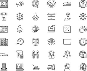 business vector icon set such as: alarm, opportunity, look, sport, touchscreen, optical, chemical, costume, lucrative, profile, stock, mower, sphere, queue, seminar, youtube, economy, space, pair