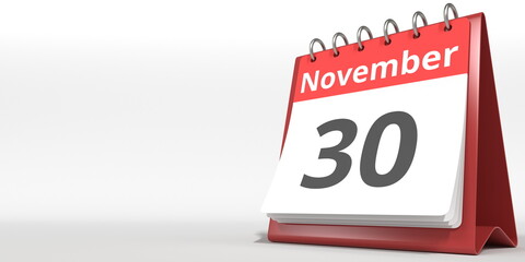November 30 date on the flip calendar page, 3d rendering