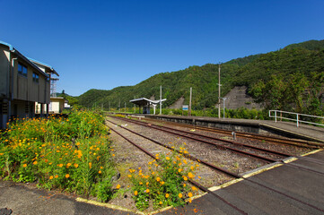 Fototapeta na wymiar 山間に佇むローカル線の駅