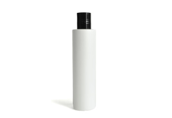 Plastic white with black cap shampoo bottle isolated on white background. Natural cosmetic products