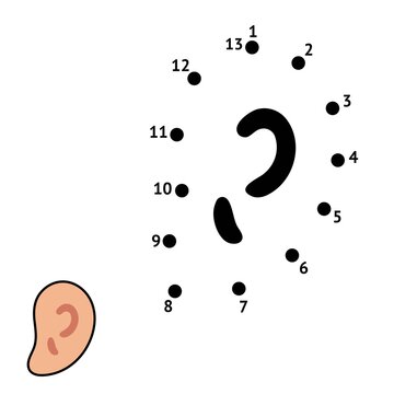 Connect the dots game for kids. Body parts dot to dot activity page - Ear