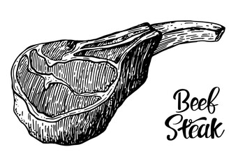Beef, pork or lamb Red meat hand drawn sketch. Engraved raw food illustration. Butcher shop product. Prime rib steak vector illustration. Vintage style,can be used for logo, label, restaurant menu - 383453422