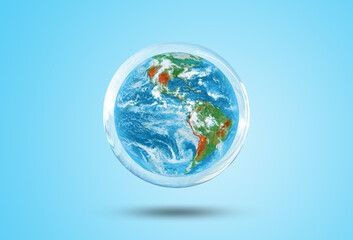 Ecology and Environment Concept : Blue earth in water bubble that floating over blue background. (Elements of this image furnished by NASA.)