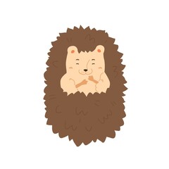 Cute hedgehog sleeping. Charming lying urchin cub in scandinavian style. Flat vector cartoon illustration of animal mascot isolated on white background