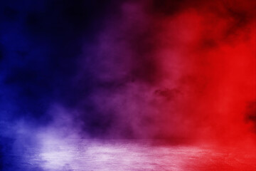 Empty space of Studio dark room with fog or mist and lighting effect red and blue on concrete floor grunge texture background.