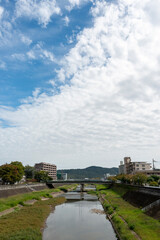 City view along Muko river of Sanda city, Hyogo, Japan