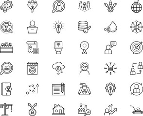 business vector icon set such as: megaphone, stroke, analytics, community, accurate, estate, smart toilet, stressed, justice, planet, label, meter, rain, copywriting, divide, sales, dart, lavatory