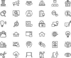 business vector icon set such as: steel, stand, together, insurance, class, optical, analysis, target, banking, family, display, sight, arrow, mechanism, intellect, command, villa, suggestion, press