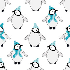 Cute Kawaii penguin baby vector seamless pattern background. Adorable cartoon emperor chicks with blue hats and scarves on antarctic white backdrop. Hand drawn winter all over print for kids concept