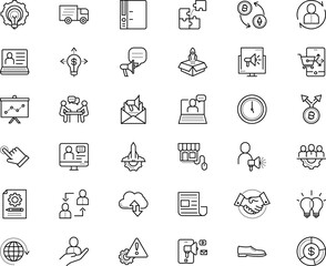 business vector icon set such as: therapy, lamp, globe, discovery, emblem, van, document, store, climate, press, puzzle, learning, software, truck, content, performance, earth, colleague, emotional