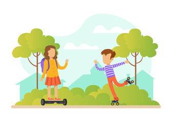 Fototapeta premium Children Activities in Park, Cute Girl Riding Gyro Board, Boy Roller Skating Outdoors Cartoon Vector Illustration
