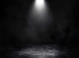 Fototapeta premium Empty space of Studio dark room with spot lighting and fog or mist on concrete floor grunge texture background.