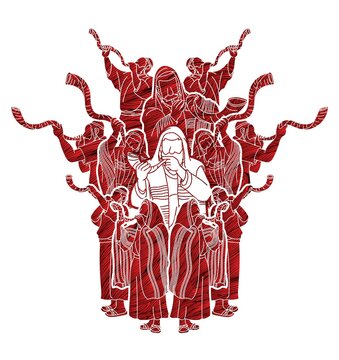 red figures blowing shofar horns clip art preview