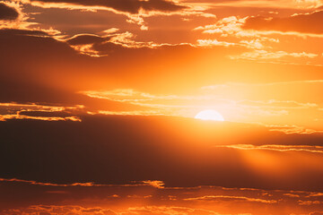 Sunshine In Sunrise Bright Dramatic Sky. Scenic Colorful Sky At Dawn. Sunset Sky Natural Abstract Background