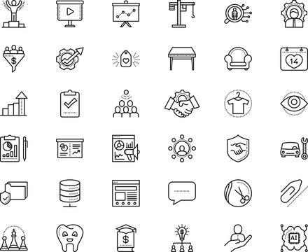 business vector icon set such as: card, clamp, detailed, comfortable, family, interpretation, haircut, grow, support, dress, armchair, winner, contract, industry, time, transportation, attach, view