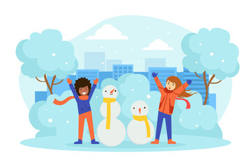 Children Dressed in Winter Clothing Making Snowmen in Winter Landscape, Outdoor Activity During Winter Holidays Vector Illustration