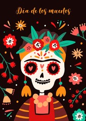 Fototapeta na wymiar Holiday poster with Frida Kahlo skeleton with folk decorations and flowers. Dia de los muertos card with woman skull. Festival placard. Flat vector cartoon illustration of template for Day of the Dead