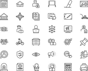 business vector icon set such as: security, white background, lined, bicycle, stroke, speaker, tack, pen, cart, confirmed, pc, insurance, reminder, cycle, intelligence, automobile, pencil, catering