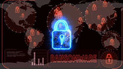 Hackers encrypt red digital technology Big Data Lock is detected by radar on world map, alternate concept to protect ransomware robbing your money - Powered by Adobe