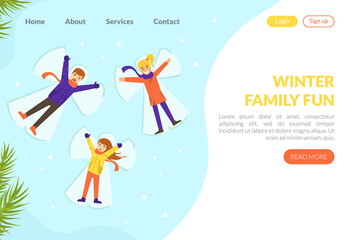 Winter Family Fun Landing Page Template, Winter Family Fun Landing Page Template, Winter Holidays Website, People in Warm Clothes Making Snow Angels Vector Illustration