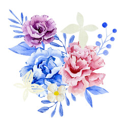 Watercolor pink flower illustration. Blue floral. Botanical illustration for greeting card, wedding card, bridal shower and baby shower.