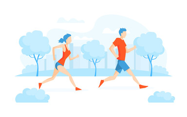 Young Woman Jogging or Running in Park, People Dressed in Sportswear Taking Part in Sports Competition, Outdoor Morning Workout, Healthy Active Lifestyle Vector Illustration