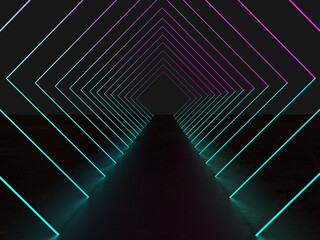 3d render, ultraviolet neon square portal, glowing lines, tunnel, corridor
