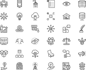 business vector icon set such as: cube, software, bottle, optimization, machinery, accounting, drawer, front, center, watch, luxury, court, development, consulting, assistance, scanner