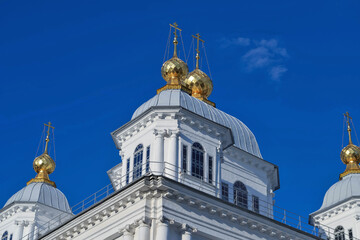 Yaroslavl. The Kazan female monastery. Domes against the blue sky. 19th century.