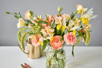 Bouquet 005, step by step installation of flowers in a vase. Flowers bunch, set for home. Fresh cut...