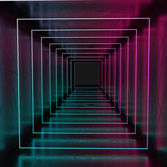 3d render, ultraviolet neon square portal, glowing lines, tunnel, corridor
