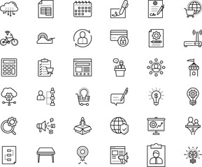 business vector icon set such as: hand, billboard, shopping, front-end, rocket, sheme, programming, round, content, discount, candidate, microphone, hosting, target, explore, investment, day, clip
